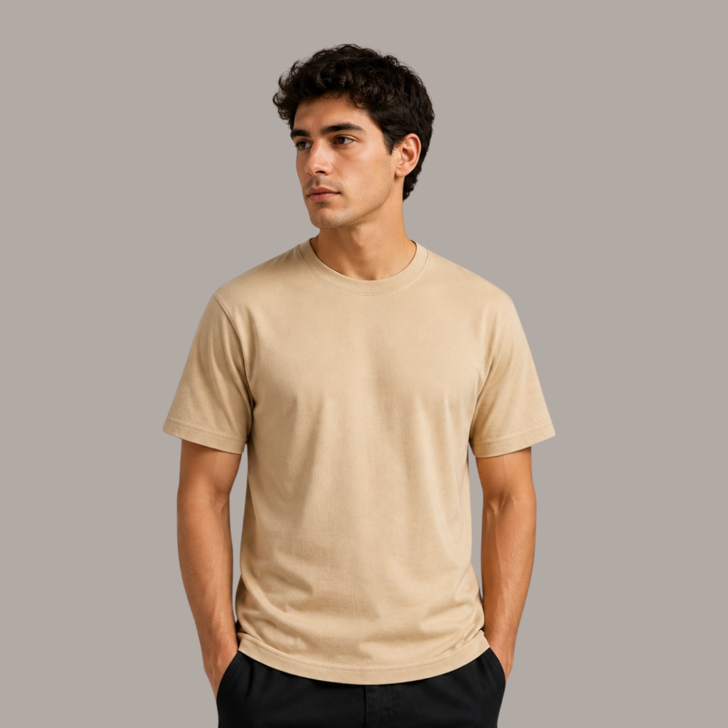BEIGE – GENTS ROUND NECK T-SHIRT Short Sleeve For Men