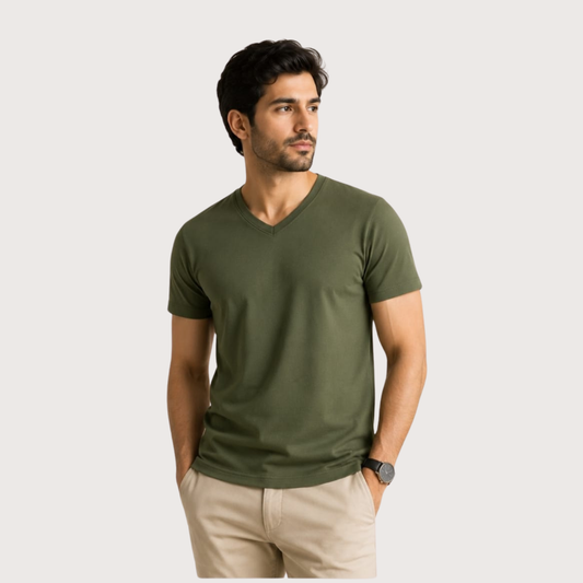 Olive–GENTS - V- NECK T-SHIRT Short Sleeve for Men