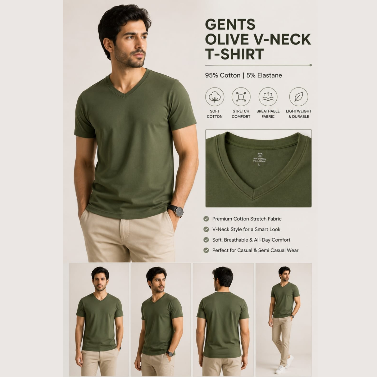 Olive–GENTS - V- NECK T-SHIRT Short Sleeve for Men